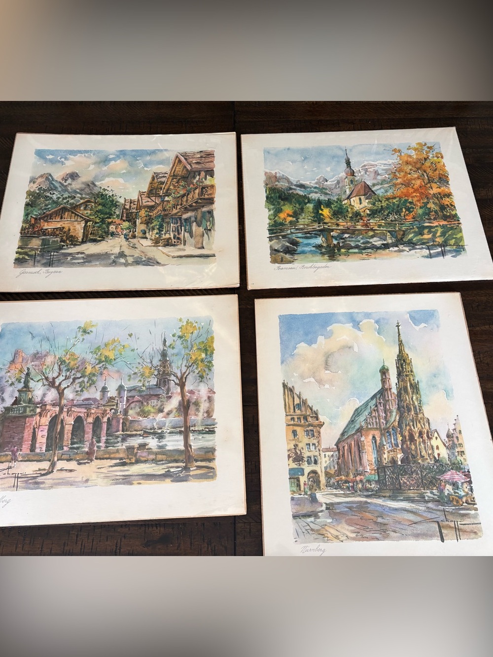 Set of 4 New Dead Stock MCM Watercolor Prints of German cities
